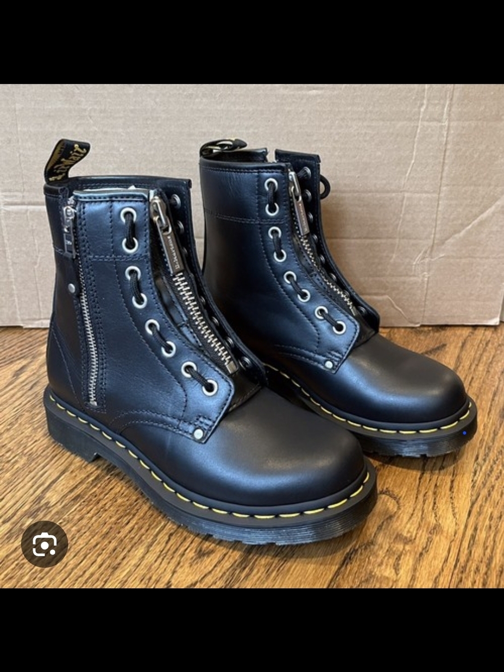 Dr. Martens Black Leather Combat Boots with Yellow Stitching